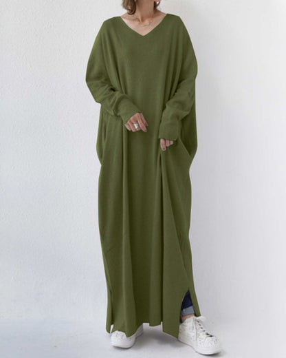 MW | stylisches langärmeliges Maxikleid mit V-Ausschnitt für den Alltag