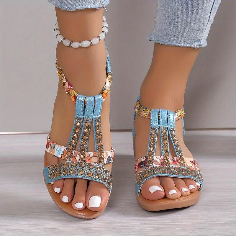 EM | Boho Glam Strass geflochtene Keilsandalen