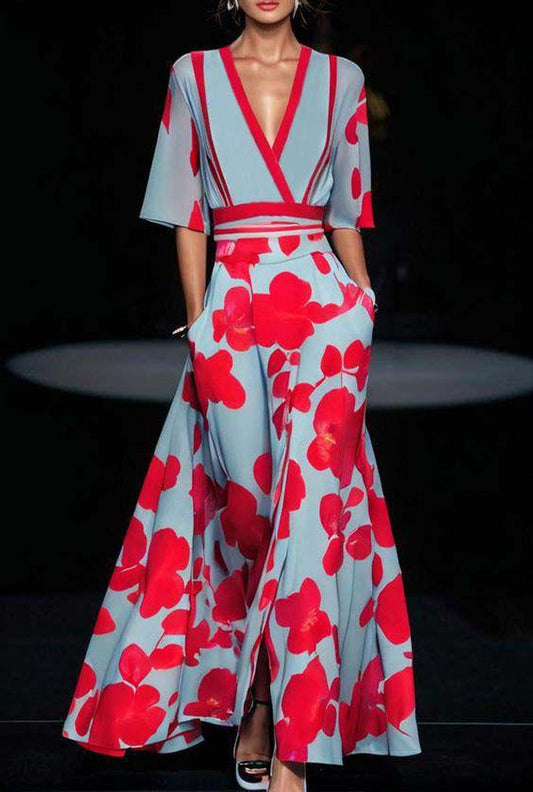 MW | Blaues Maxikleid mit Blumenmuster und V-Ausschnitt für Frauen