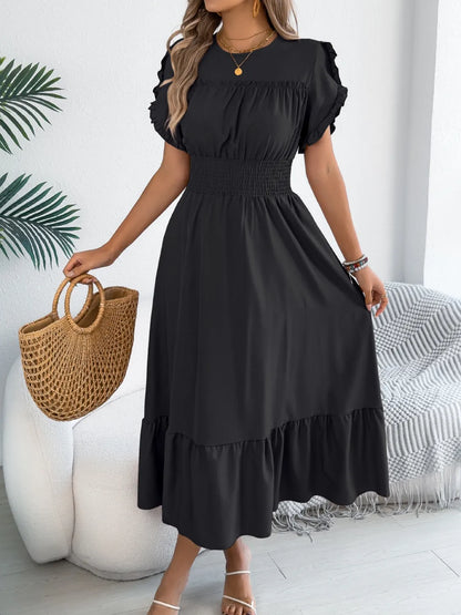 MW | Gesmoktes Midikleid mit Rundhalsausschnitt und Rüschen