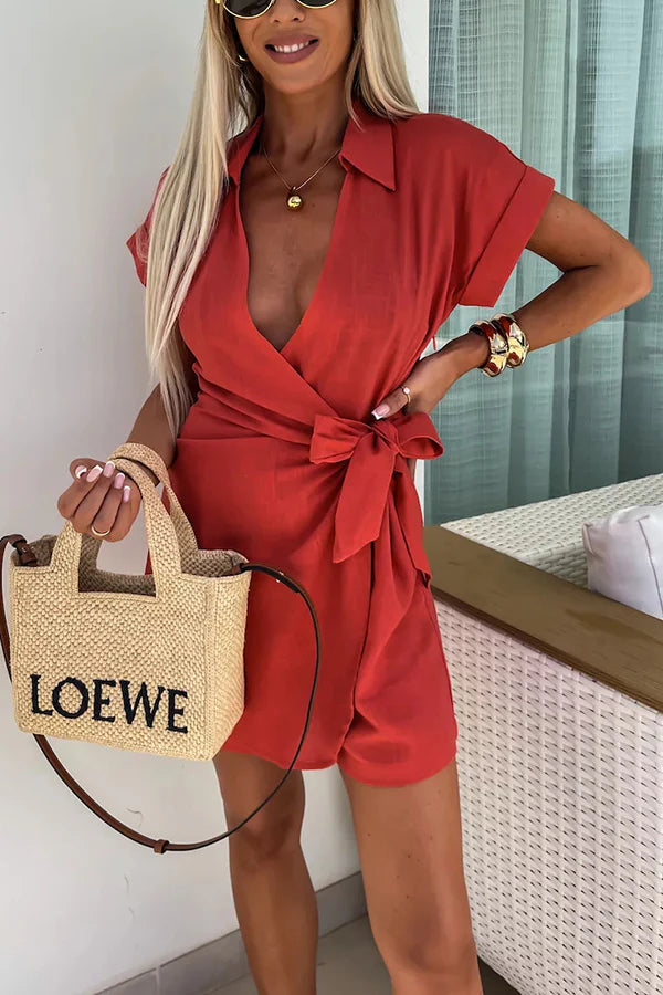 MW | Entspannende Strand Leinenmischung Solide Farbe Wrap Lose Shirt Romper