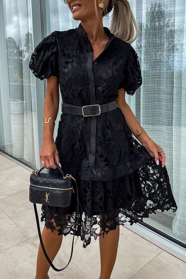 MW | Absolut Elegant Floral Crochet Lace Puff Sleeve Belted Shirt Midi Dress