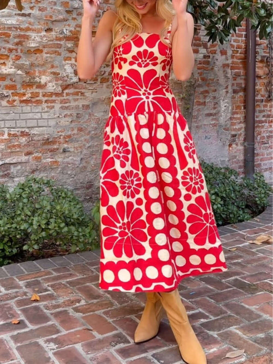 MW | Einzigartiger Ethno-Druck Perlen-Träger Midi-Kleid