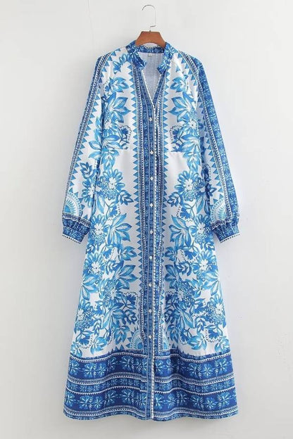 MW | Einzigartiger Druck Button Down Langarm Shirt Maxikleid