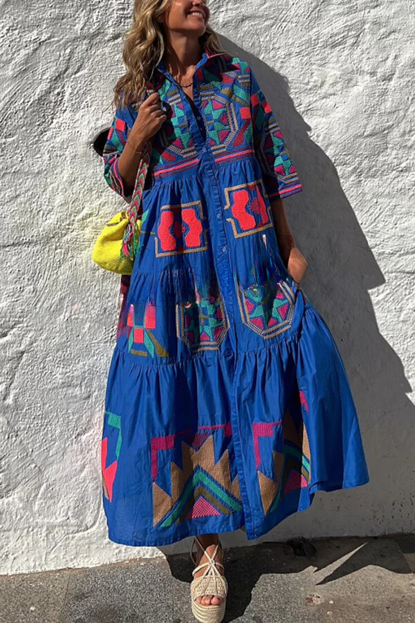 MW | Take Me To Cabo Ethnische Einzigartiger Druck Knopf Lose Shirt Midi Kleid