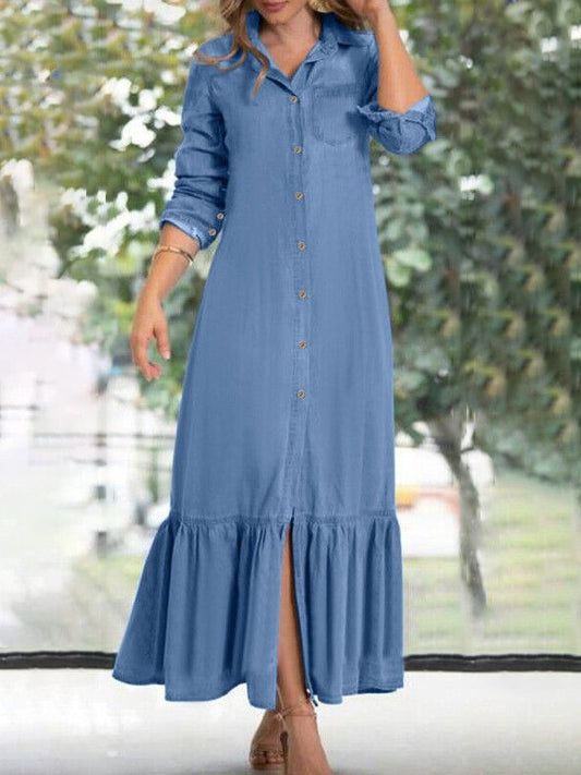 MW | Casual Shirt Denim Kleid Urlaub täglich Frauen Kleidung QZ58