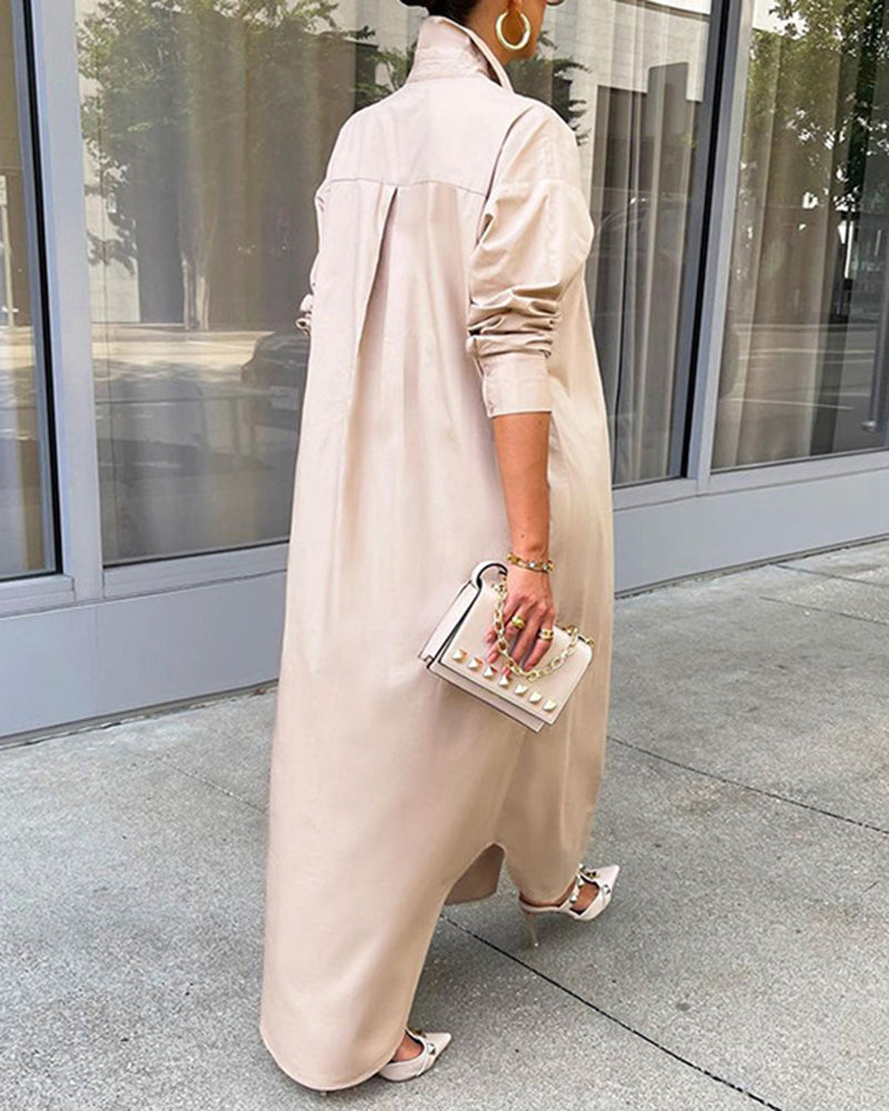 MW | Button Down Maxi Shirts Kleid Langarm Kragen V Hals Kaftan Lose Langes Kleid Mantel