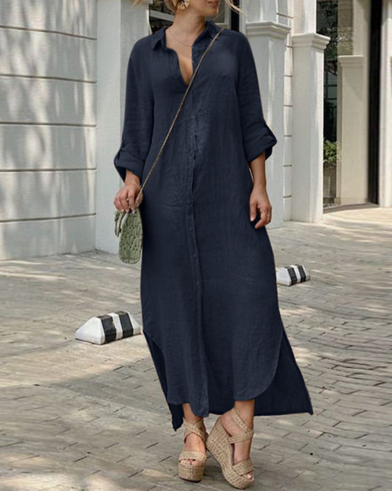 MW | Lässige Langarm-Knopfleiste Maxi-Shirt-Kleider