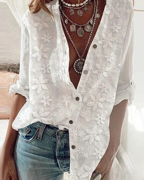 EM | Karla Damen-Langarmshirt mit Blumenmuster und Knopfleiste