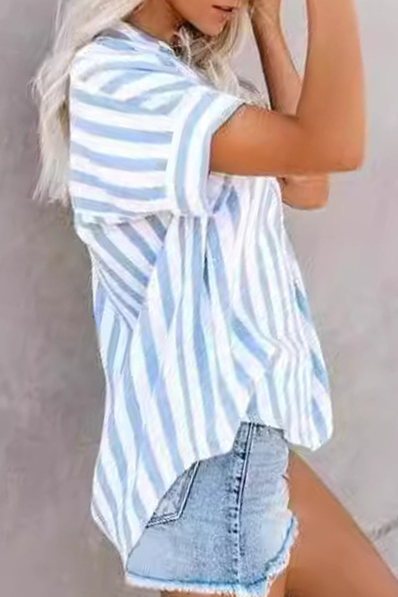 EM | Angela – Lässige gestreifte Patchwork-Tops mit Umlegekragen
