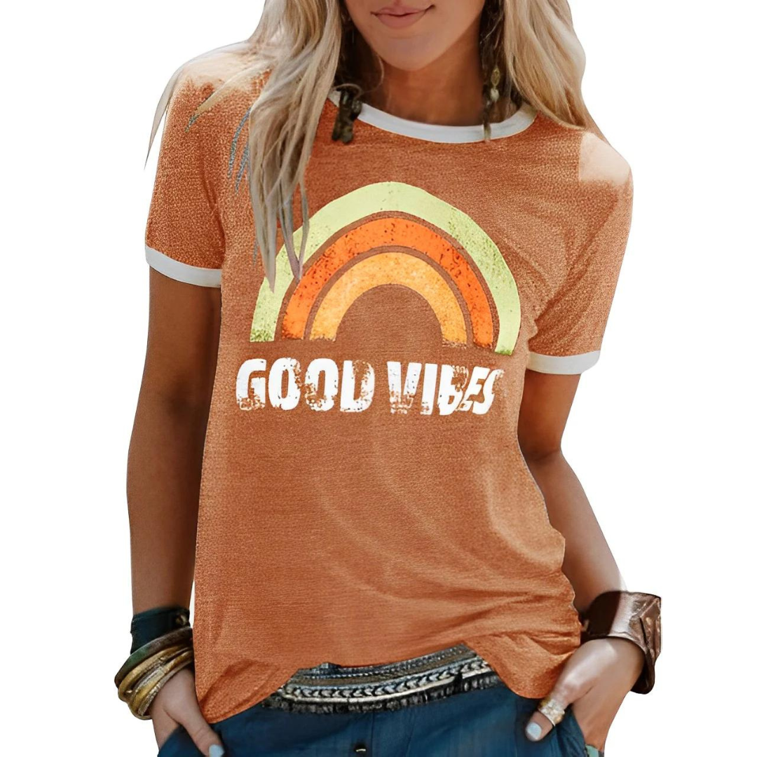EM | Elegantes Retro-Regenbogen-Good-Vibes-T-Shirt