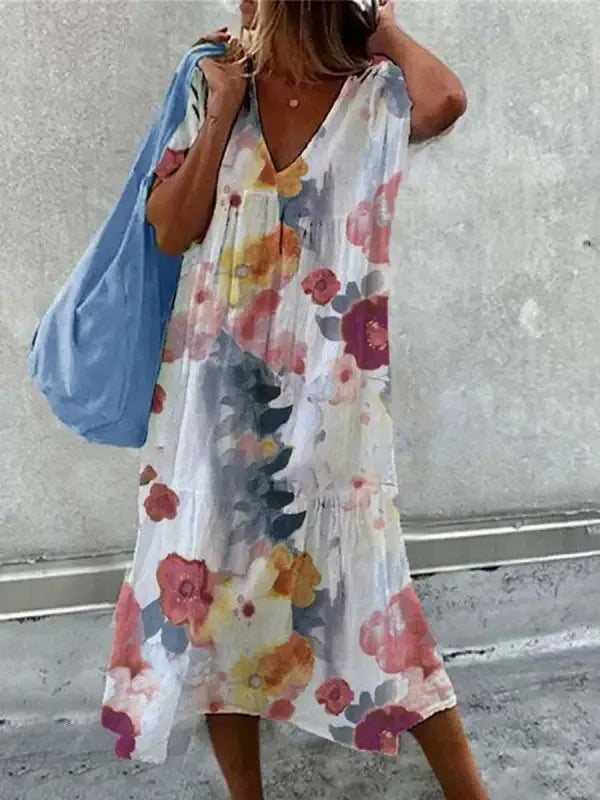 EM | Boho-Strandkleid für Frauen Sommerkleid mit V-Ausschnitt und kurzen Ärmeln mit Blumenmuster