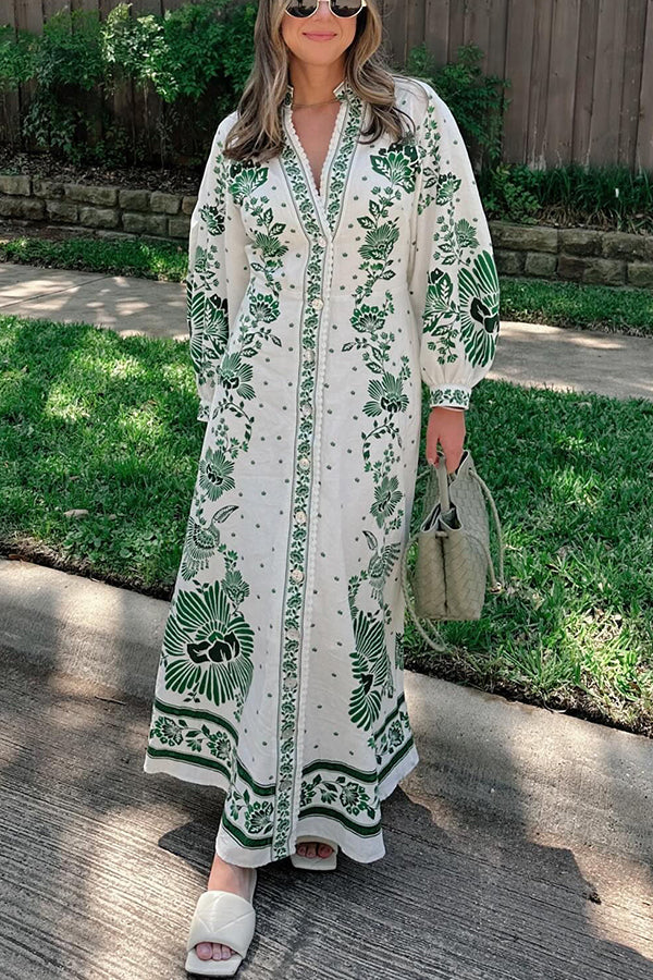 MW | Einzigartiger Druck Button Down Langarm Shirt Maxikleid