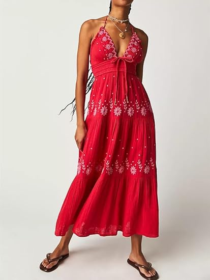 EM | Bohème besticktes Maxikleid