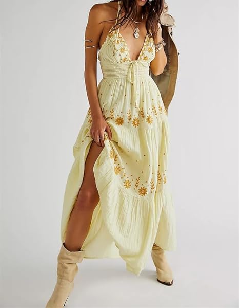 EM | Bohème besticktes Maxikleid
