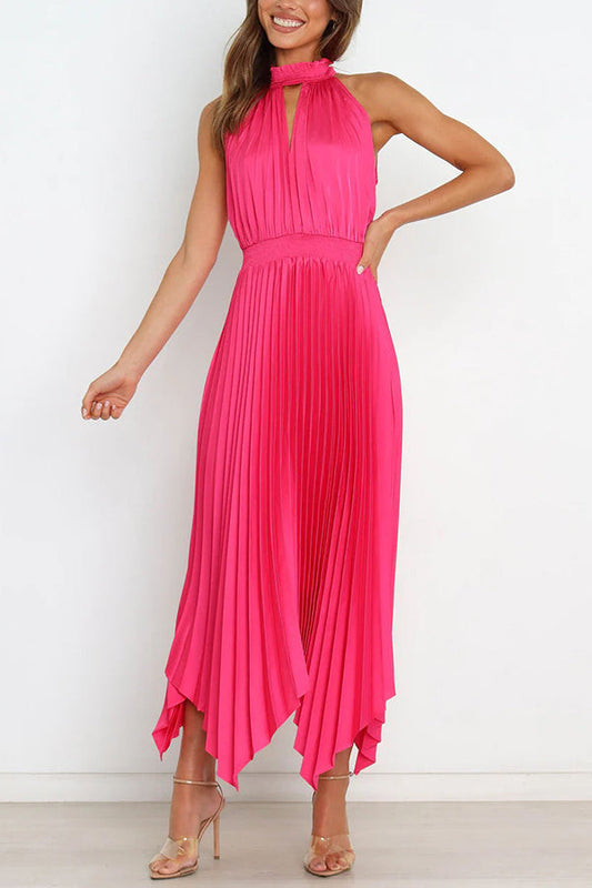 MW | Luxe Look Satin Plissee Halter Elastische Taille Midikleid