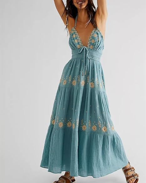 EM | Bohème besticktes Maxikleid