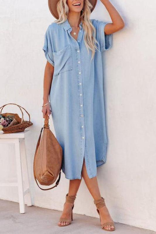 MW | Mode Solide Farbe Denim Kurzarm Langer Schlitz Shirt Kleid