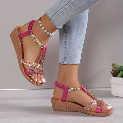 EM | Boho Glam Strass geflochtene Keilsandalen