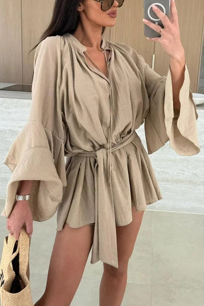 MW | Molly Leinenmischung Tiered Bell Sleeve Tie-up Cover-up Minikleid