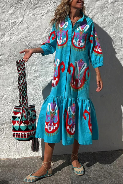 MW | Take Me To Cabo Ethnische Einzigartiger Druck Knopf Lose Shirt Midi Kleid
