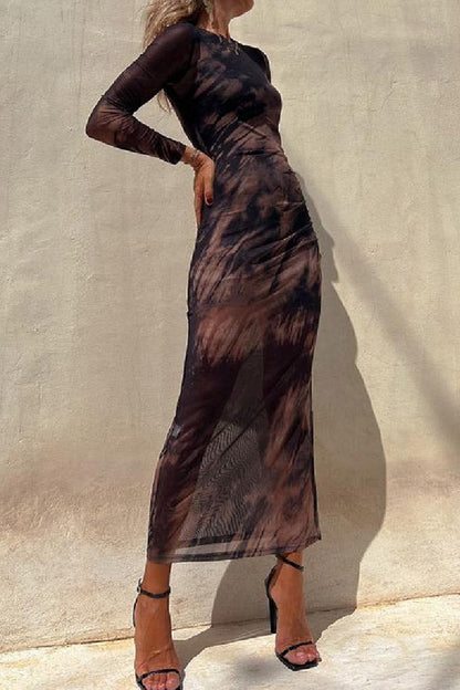 MW | Charm Lady Mesh Overlay Tie Dye Print Langarm geraffte Stretch Midi Kleid