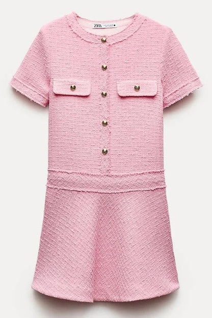 MW | 1960er Jahre London Girl Tweed texturiert Gold Knopf Kurzarm Pocketed Mini Kleid