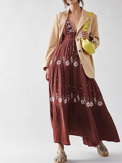 EM | Bohème besticktes Maxikleid