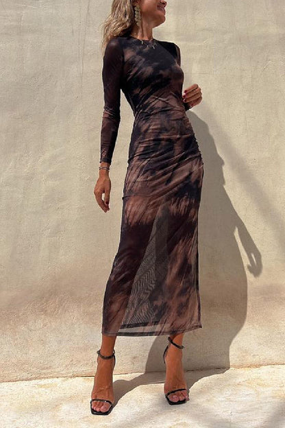 MW | Charm Lady Mesh Overlay Tie Dye Print Langarm geraffte Stretch Midi Kleid