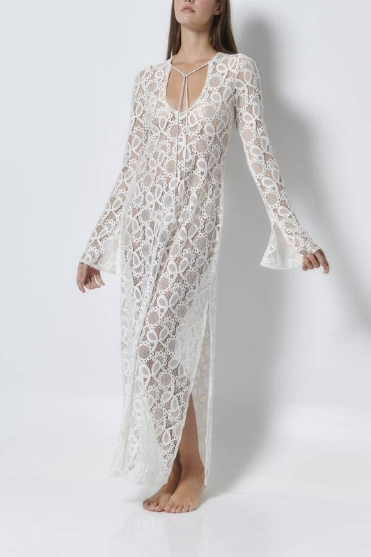 MW | Santorini Sonnenuntergang Floral Spitze Langarm Schlitz Urlaub Maxikleid