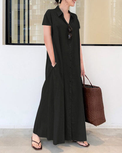 MW | Casual Loose Short Sleeve Beach Dress Solid Color Loose Temperament Long Shirt Dress