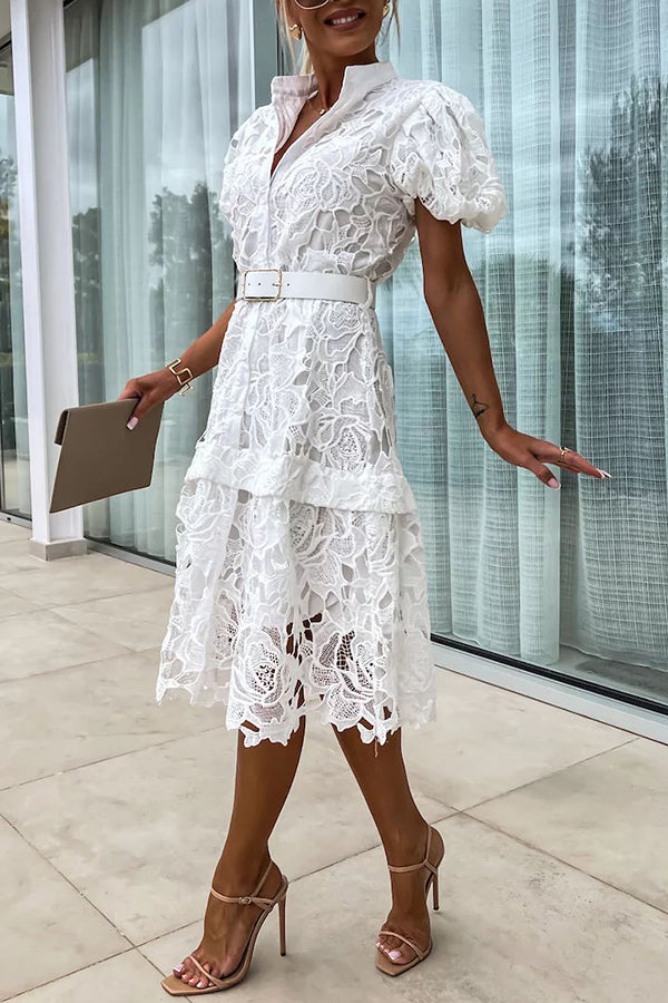 MW | Absolut Elegant Floral Crochet Lace Puff Sleeve Belted Shirt Midi Dress