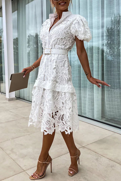 MW | Absolut Elegant Floral Crochet Lace Puff Sleeve Belted Shirt Midi Dress