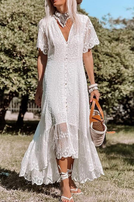 MW | V-Ausschnitt Schlankes Kleid Florale Spitze Midikleid