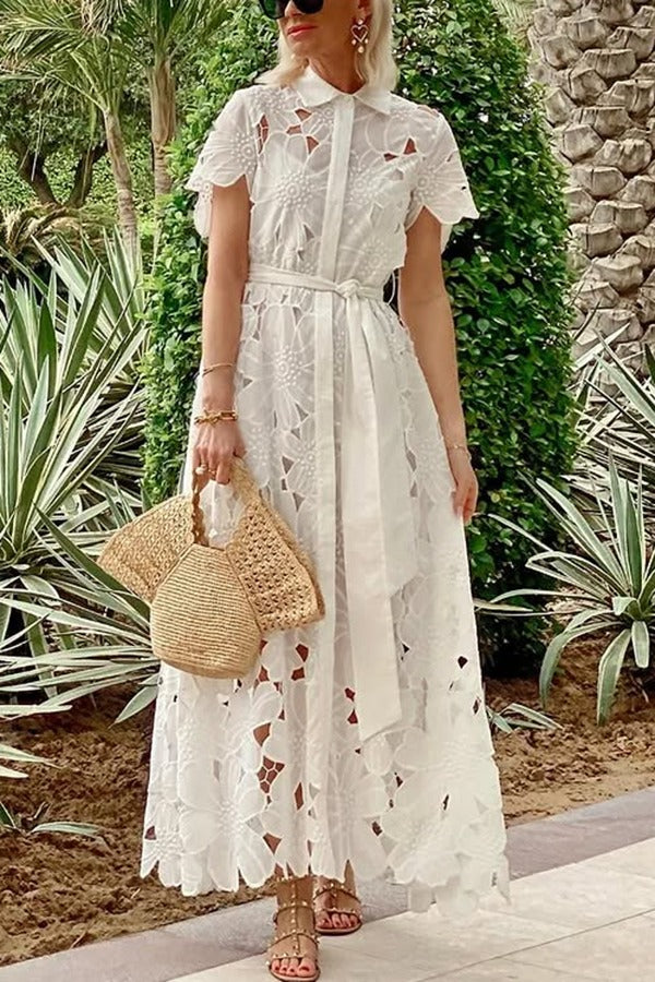 MW | Dubai Style Floral Crochet Lace Short Sleeve Tie-up Shirt Maxi Dress