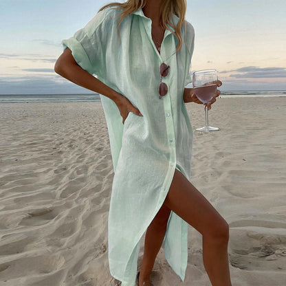 MW | Women's Shirt Dress - Button Down - Kurze Ärmel - Leichtgewicht - Kragen - Frontschlitz