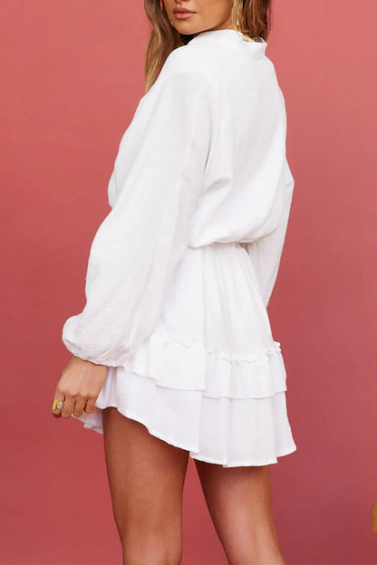 MW | Knopf Langarm Lose Shirt Kleid Elastische Taille Rüschenrock