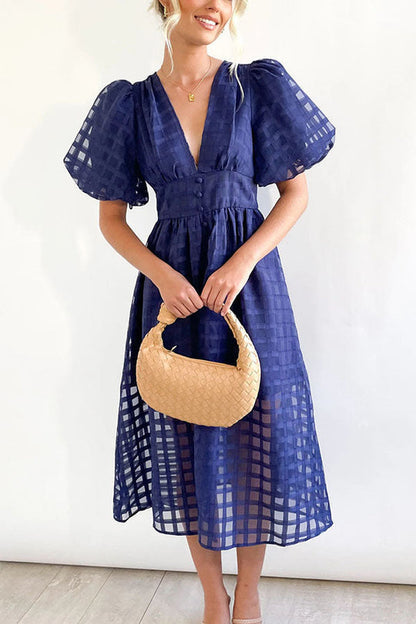 MW | Remarkable Beauty Quadratisch Gemusterter Stoff Puffärmel Party Midi Kleid