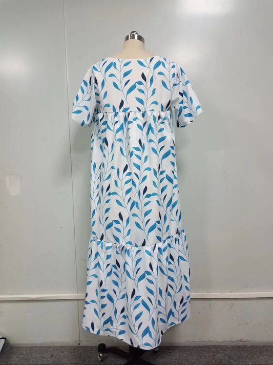 MW | Boho-Strandkleid für Frauen Sommerkleid mit V-Ausschnitt und kurzen Ärmeln mit Blumenprint