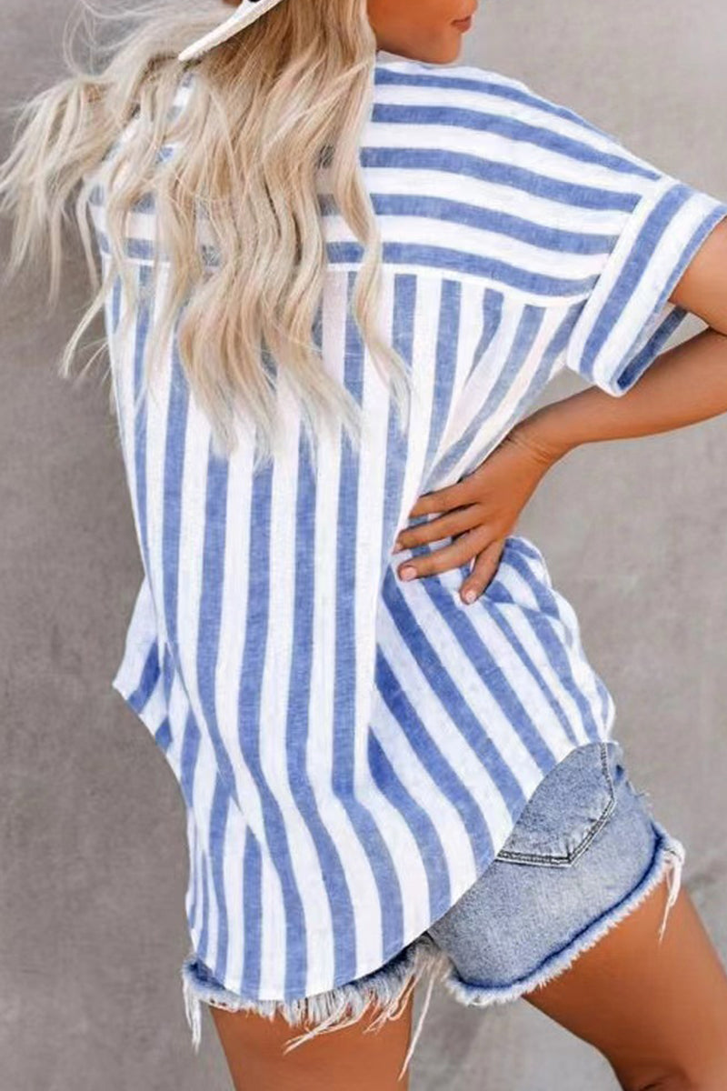 EM | Angela – Lässige gestreifte Patchwork-Tops mit Umlegekragen