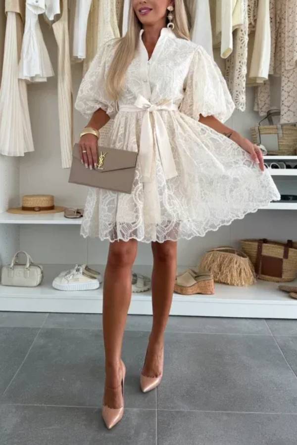 MW | Sommer Romantik Stickerei Spitze Puffärmel Knopf Krawatte Mini Kleid