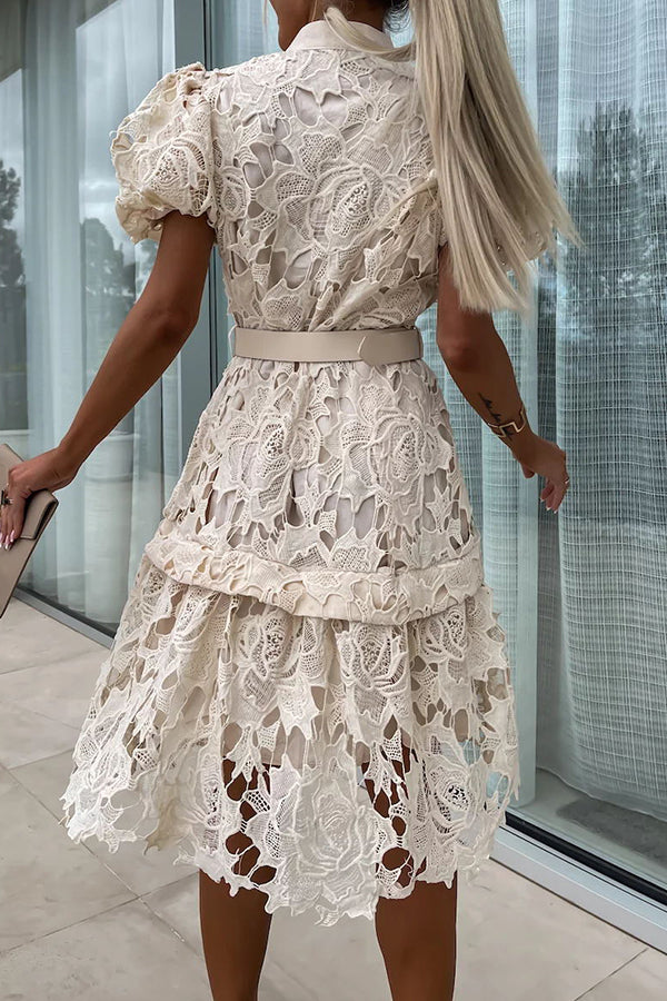 MW | Absolut Elegant Floral Crochet Lace Puff Sleeve Belted Shirt Midi Dress