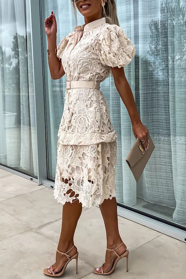 MW | Absolut Elegant Floral Crochet Lace Puff Sleeve Belted Shirt Midi Dress
