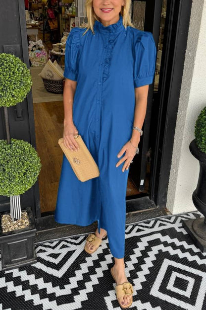 MW | Women's Solid Puff Sleeve Button-Up Shirt Kleid