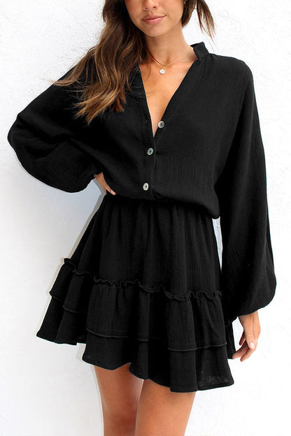 MW | Knopf Langarm Lose Shirt Kleid Elastische Taille Rüschenrock