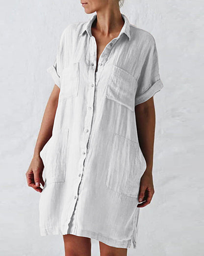 MW | Button Down Long Sleeve V Neck Plain Oversized Dresses Slim Beach Vacation Shirt Dress