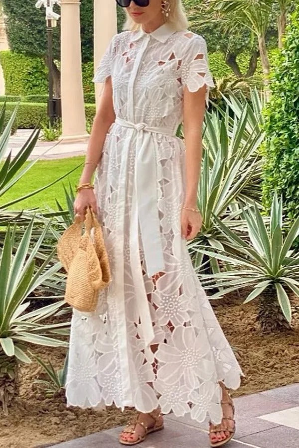 MW | Dubai Style Floral Crochet Lace Short Sleeve Tie-up Shirt Maxi Dress