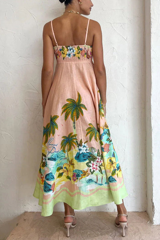 MW | Coconut Scenery Leinenmischung Tropical Print Smocked Back Midi Kleid