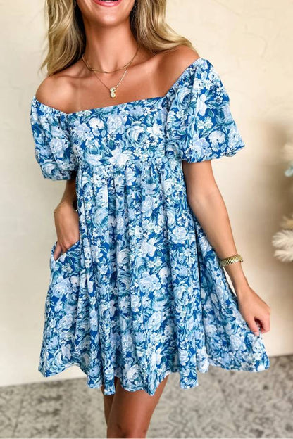 MW | Blaues geblümtes Babydoll-Minikleid mit Puffärmeln