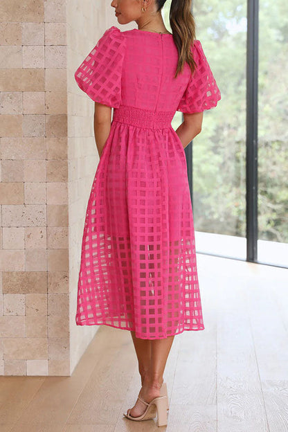 MW | Remarkable Beauty Quadratisch Gemusterter Stoff Puffärmel Party Midi Kleid